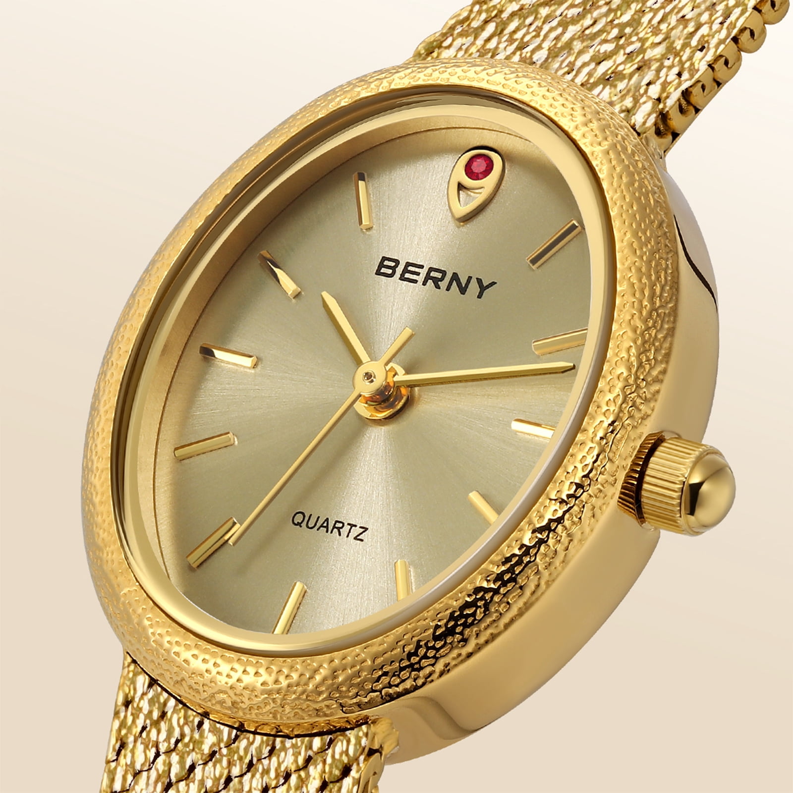 BERNY Small Gold Watches for Women, Dainty Minimalist Oval Dial, Vintage Stainless Steel Bracelet Watch, Adjustable Mesh Band, Waterproof, Luxury Ladies Analog Quartz Wrist Watch Gifts (Gold)