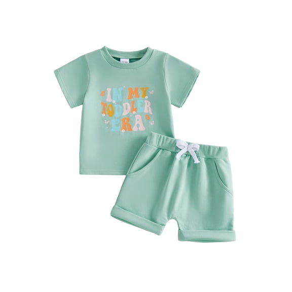 BemeyourBBs Toddler Baby Girl Boy Summer Clothes 2 Pieces Outfits Short Sleeve In My Toddler Era Letter Print T Shirt Tops Pockets Shorts Sets