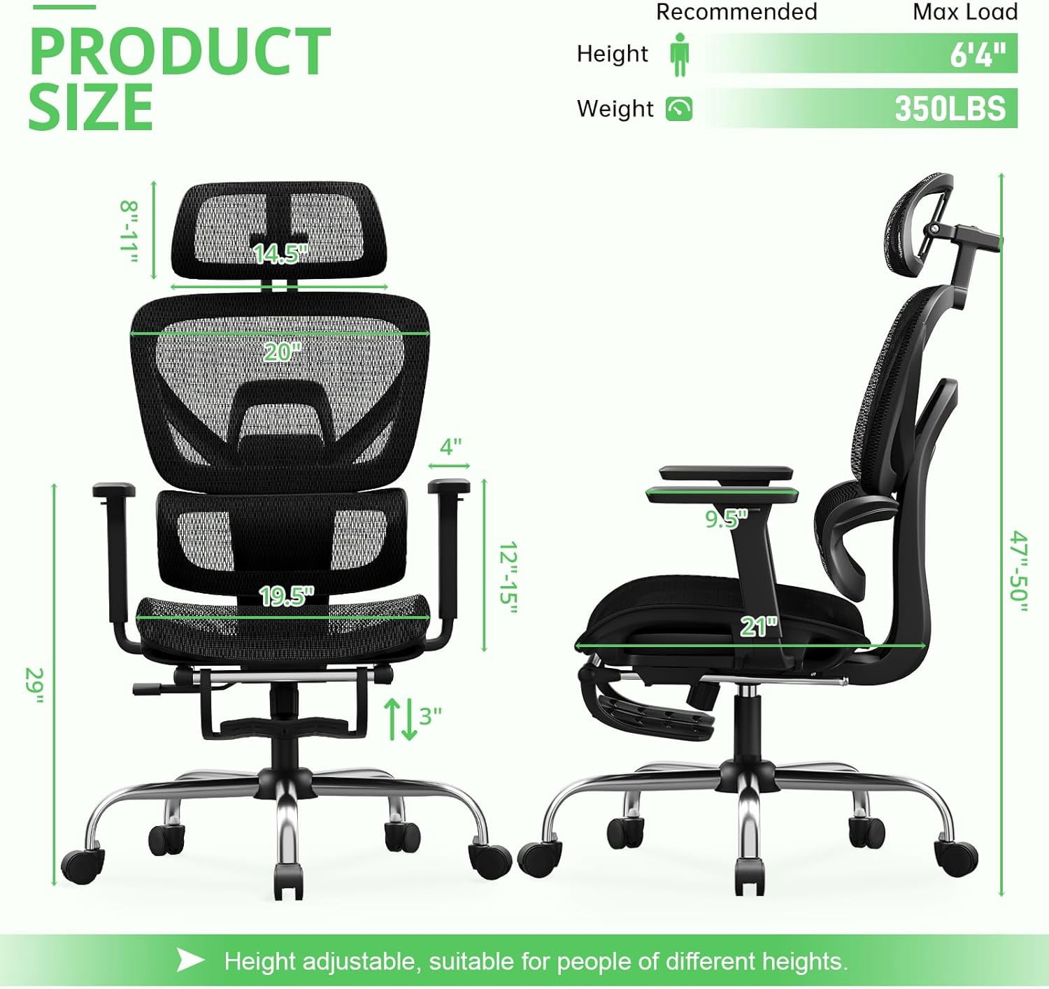 SELOOYE Ergonomic Office Chair with Footrest, Mesh Desk Chair with 135° Recline, Adjustable Lumbar Support, 3D Armrests and Headrest, Swivel Computer Chair for Home Office
