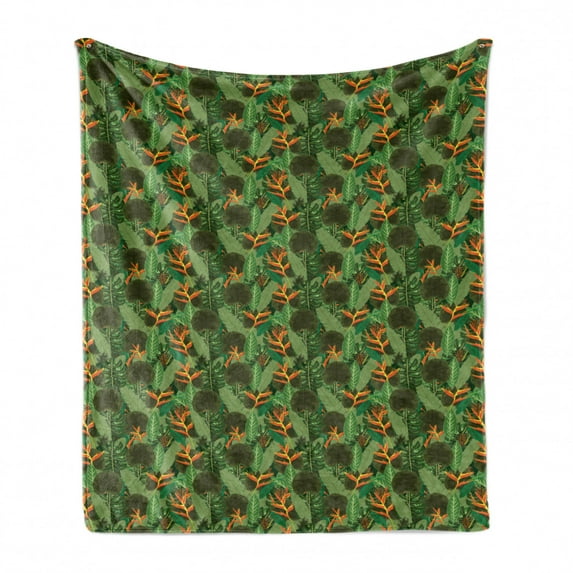 Botanical Soft Flannel Fleece Blanket, Print of Tropical Green Leaves in Jungle Exotic Forest and Foliage, Cozy Plush for Indoor and Outdoor Use, 60" x 80", Evergreen and Olive Green, by Ambesonne