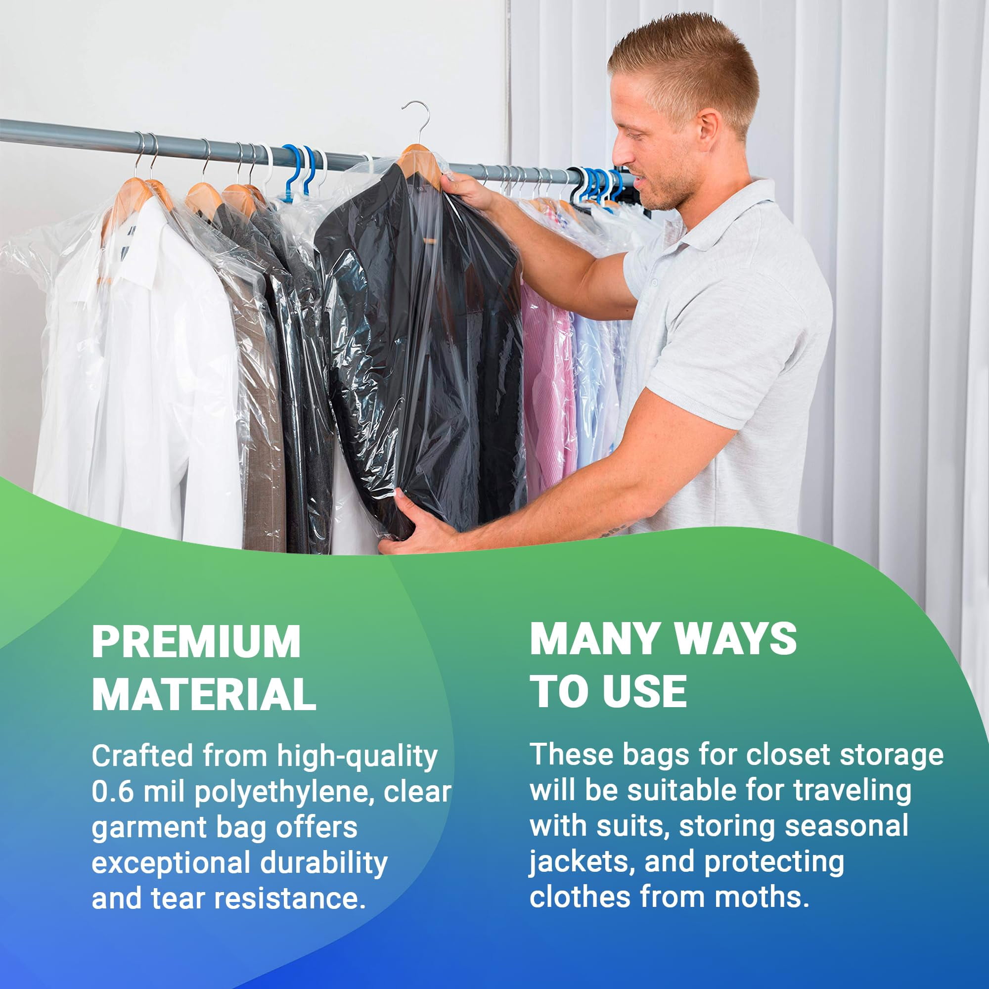 Clear Garment Bags on Roll, Hanging Clothes Hanger Hole, 420 Count, 21 x 4 x 60 in
