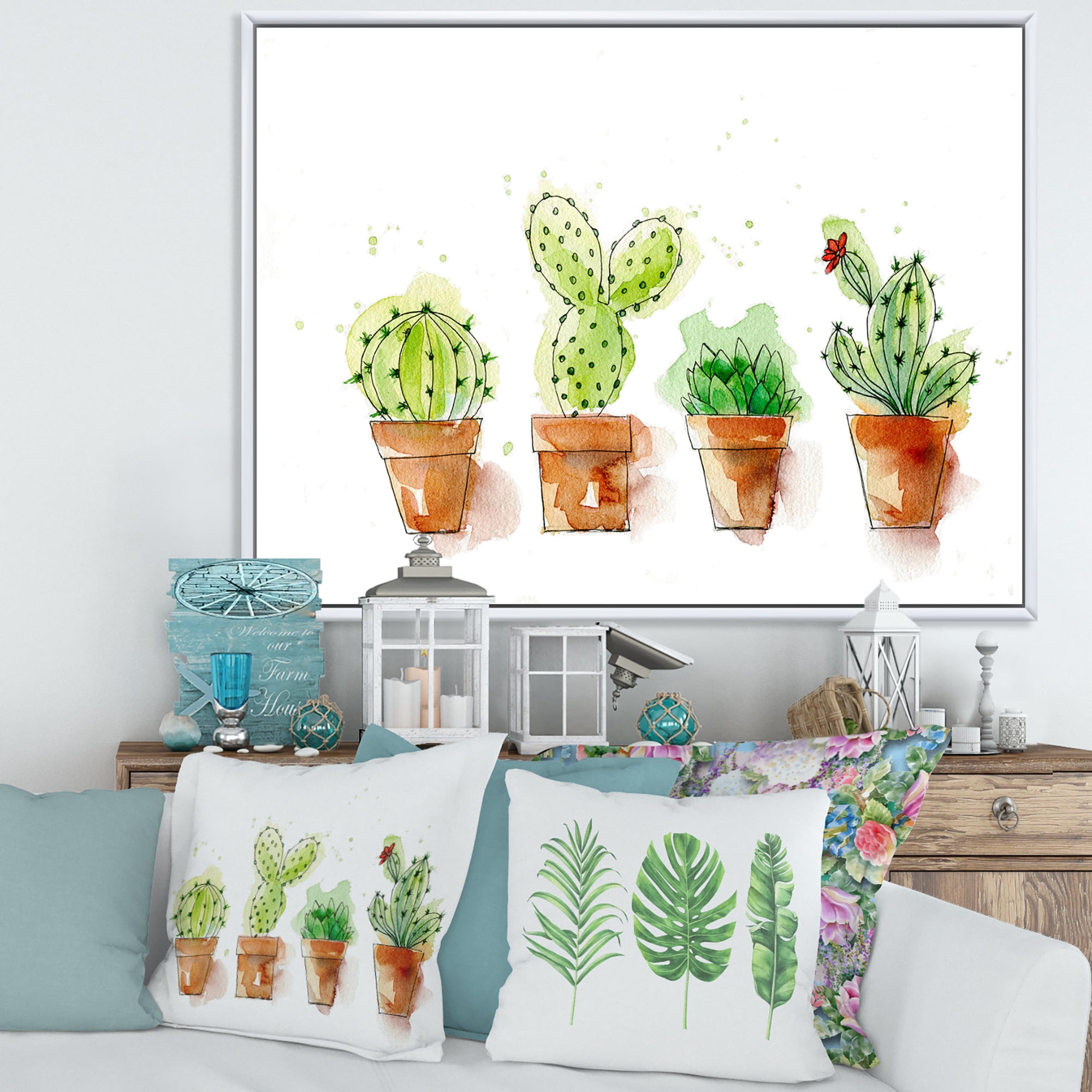 Designart 'Cacti In Gentle Tones In Ceramic Pots I' Traditional Framed Canvas Wall Art Print