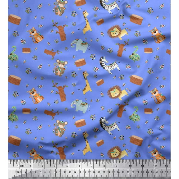 Soimoi Blue polyester Crepe Fabric Animals & Leaves Tribal Print Sewing Fabric Yard 42 Inch Wide