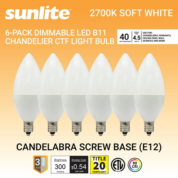 Sunlite LED B11 Frosted Chandelier CTF Light Bulb, 4.5 Watts (40W=), 300 Lumens, 120 Volts, Dimmable, Candelabra E12 Base, 90 CRI, ETL Listed, Torpedo Tip, 2700K Warm White, 6 Pack