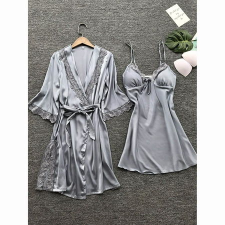 

Women Silk Lace Robe Gown Sets 3pcs Sexy Lingerie Dress Babydoll Nightdress Sleepwear Kimono Ladies Summer Costume Clothes