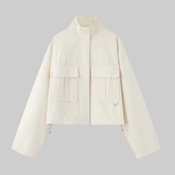thefmos Womens Stand Collar Jacket Lightweight Casual Zip Up Coat Trendy Fall Outfits Cropped Spring Jackets with Pockets, White L