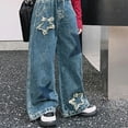 thumbnail image 2 of KAUOD Girls Baggy Jeans Straight Wide Leg Ripped Denim Pants Star Applique High Elastic Waisted Y2k Hip Hop Jazz Streetwear, 2 of 6