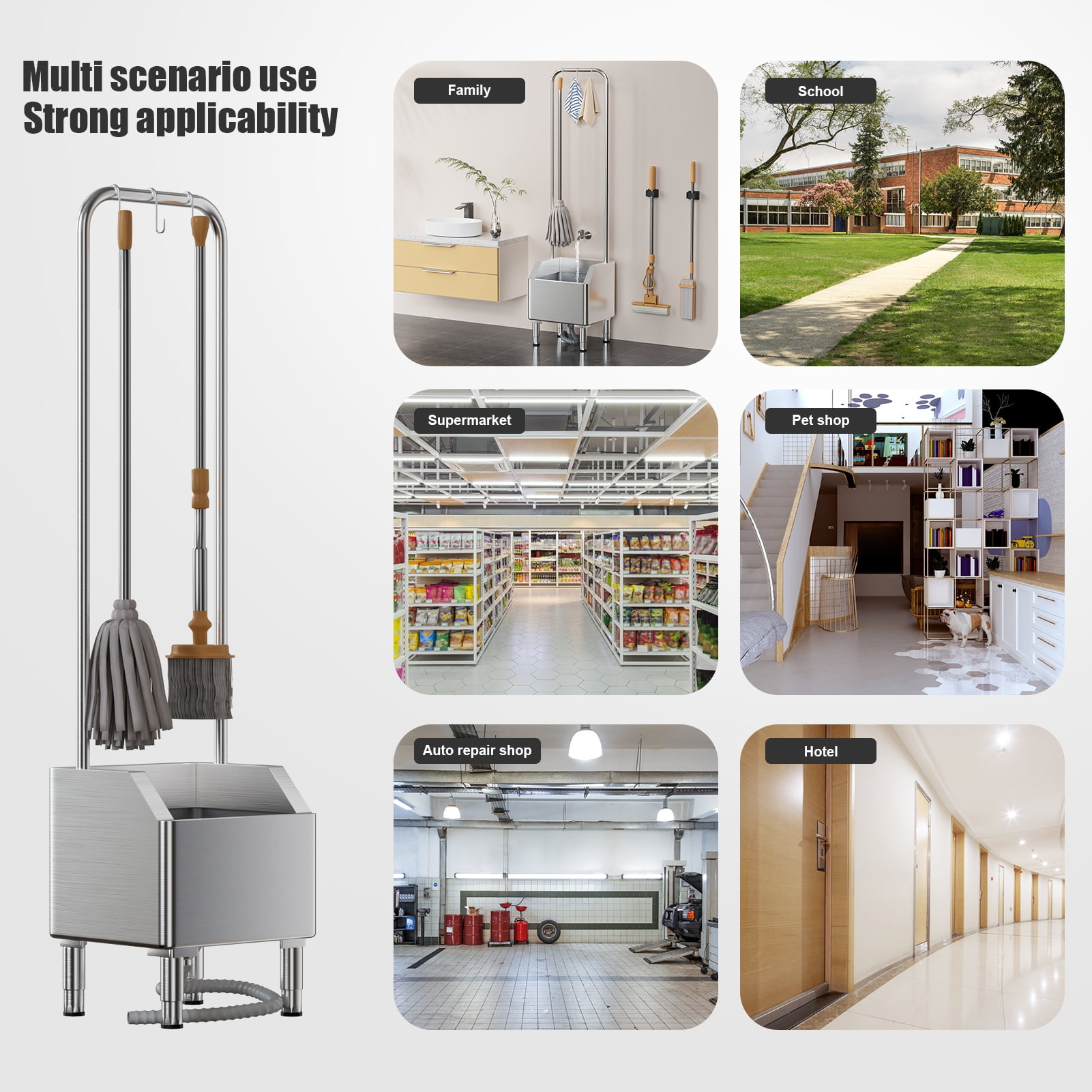 Stainless Steel Mop Sink with Extended Elevated Rack, Commercial Utility Sink for Laundry Room, Kitchen, Restaurant, Overflow-Proof Reservoir, 15° Tilted Edge, 5 Hooks, 150kg Capacity