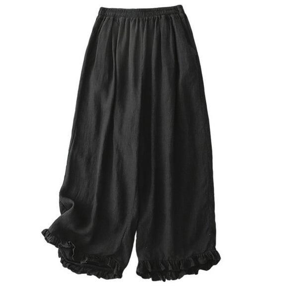 Women's Linen Wide-Leg Pants Elastic Waist Ruffle Hem Casual Palazzo Trousers with Pockets