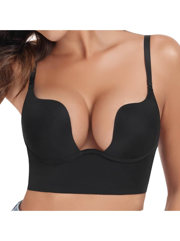 Backless Bras for Women, Low Cut Bra, Push Up Bra, Plunge Bra, Deep V Bra, Black C