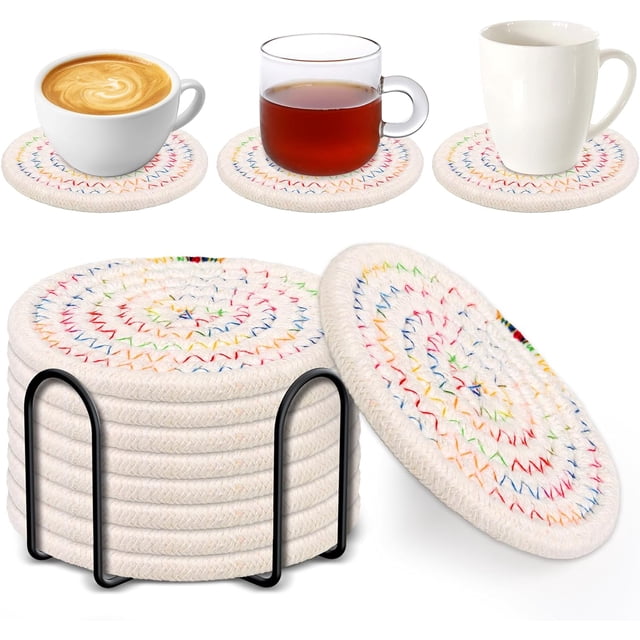 LAICAIW 8 Pack Drink Coasters with Holder, Absorbent Coasters for Coffee Table, Minimalist Cotton Woven Coaster Set for Home Decor Tabletop Protection Suitable for Kinds of Cups, 4.3 Inches.