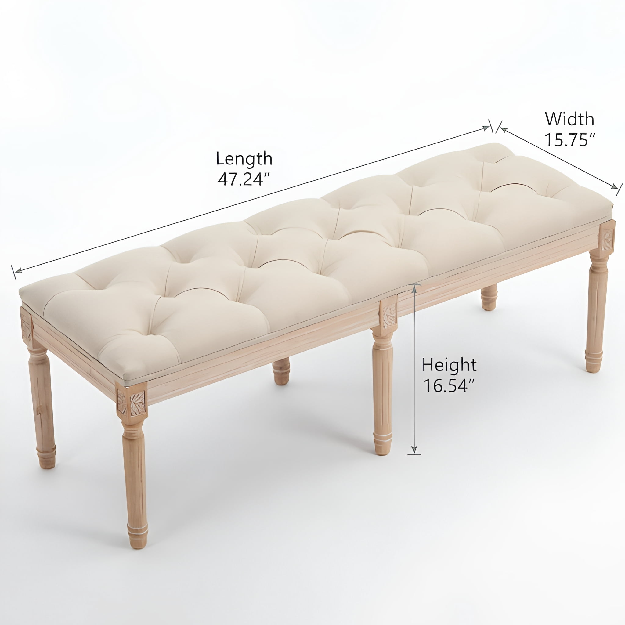 French Vintage Tufted Bedroom Bench with Carved Wood Legs, 47.2-Inch Linen Upholstered Ottoman for End of Bed and Living Room, Cream