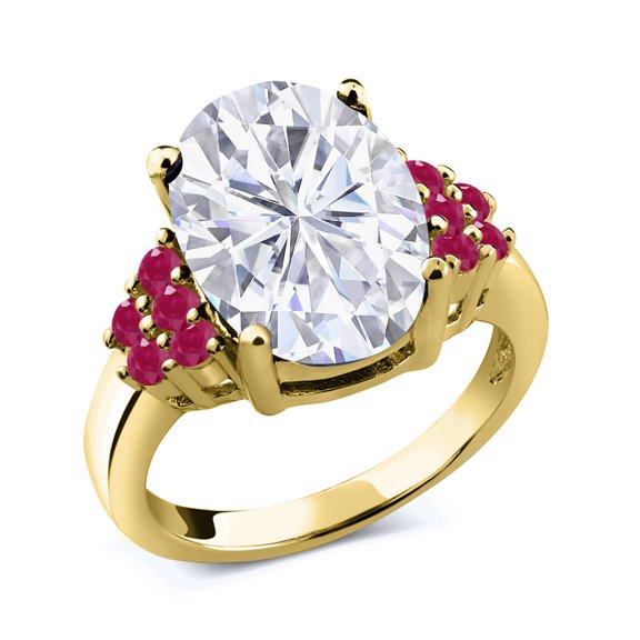 Gem Stone King 18K Yellow Gold Plated Silver Red Ruby Ring Set with Oval Moissanite (5.58 Cttw) (Size 9)