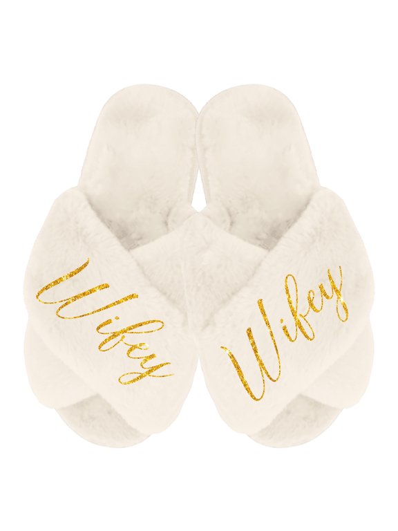 Fluffy Criss Cross Slippers for Women - Sizes XS to XL (US 4-12) - Gifts for Her, Ivory X-Large with Gold Glitter