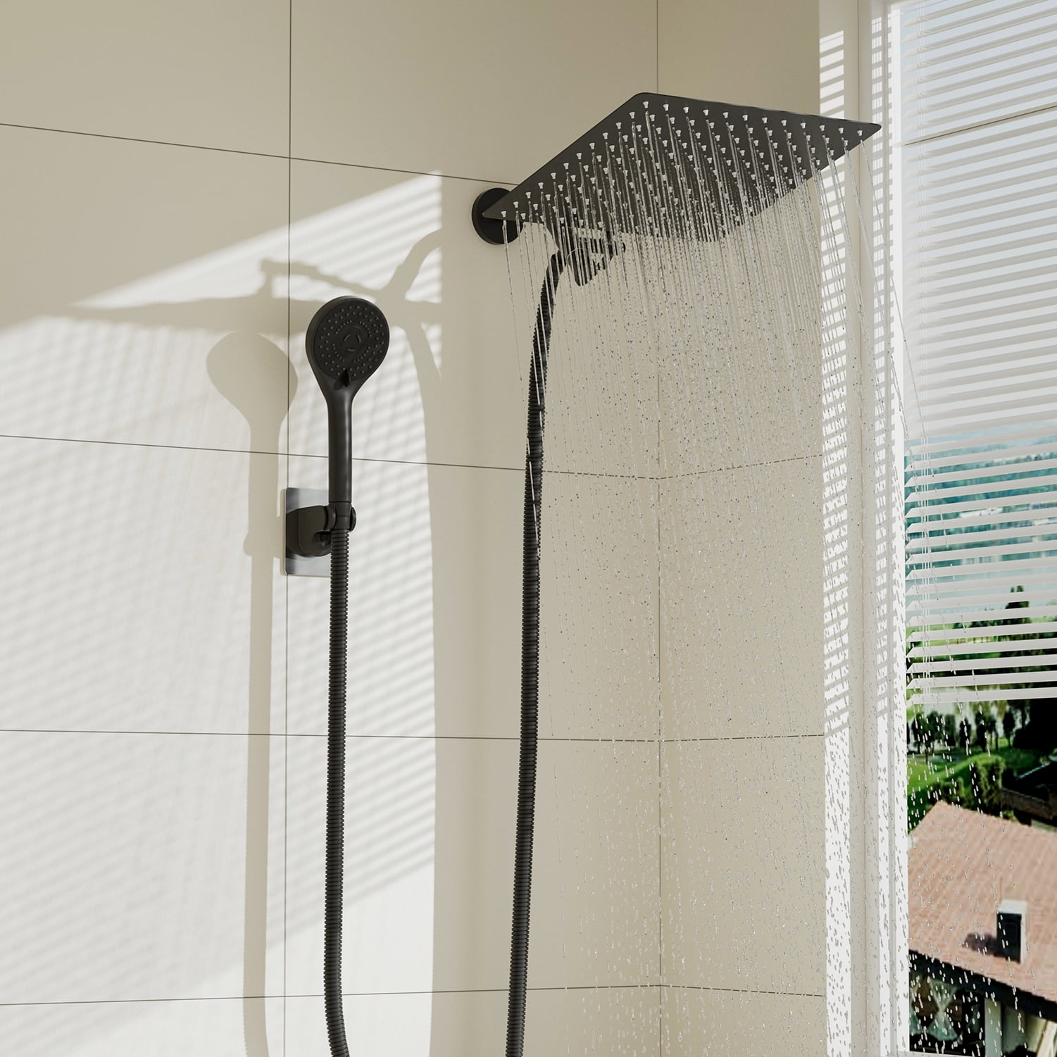 DTIG 12 inch Rain Shower Head, 5-Setting High Pressure Shower Head with Handheld, Shower Bracket and Hose Black