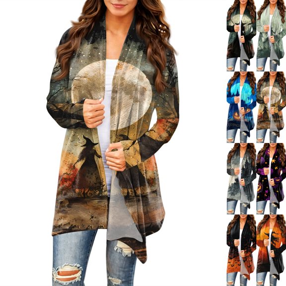 Halloween Cardigan for Women Pumpkin Long Sleeve Cardigan Fall Open Front Cardigan Halloween Print Medium Length Coat,Orange,M