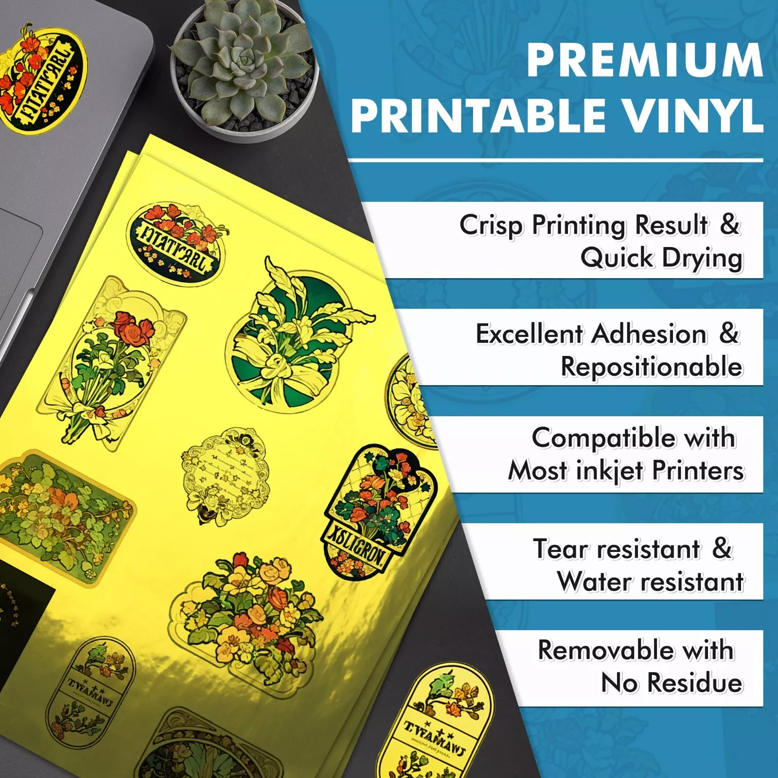 Koala Foil Gold Printable Vinyl Sticker Paper for Inkjet + Laser Printers, 60 Sheets 8.5x11 Waterproof, Durable, Shiny