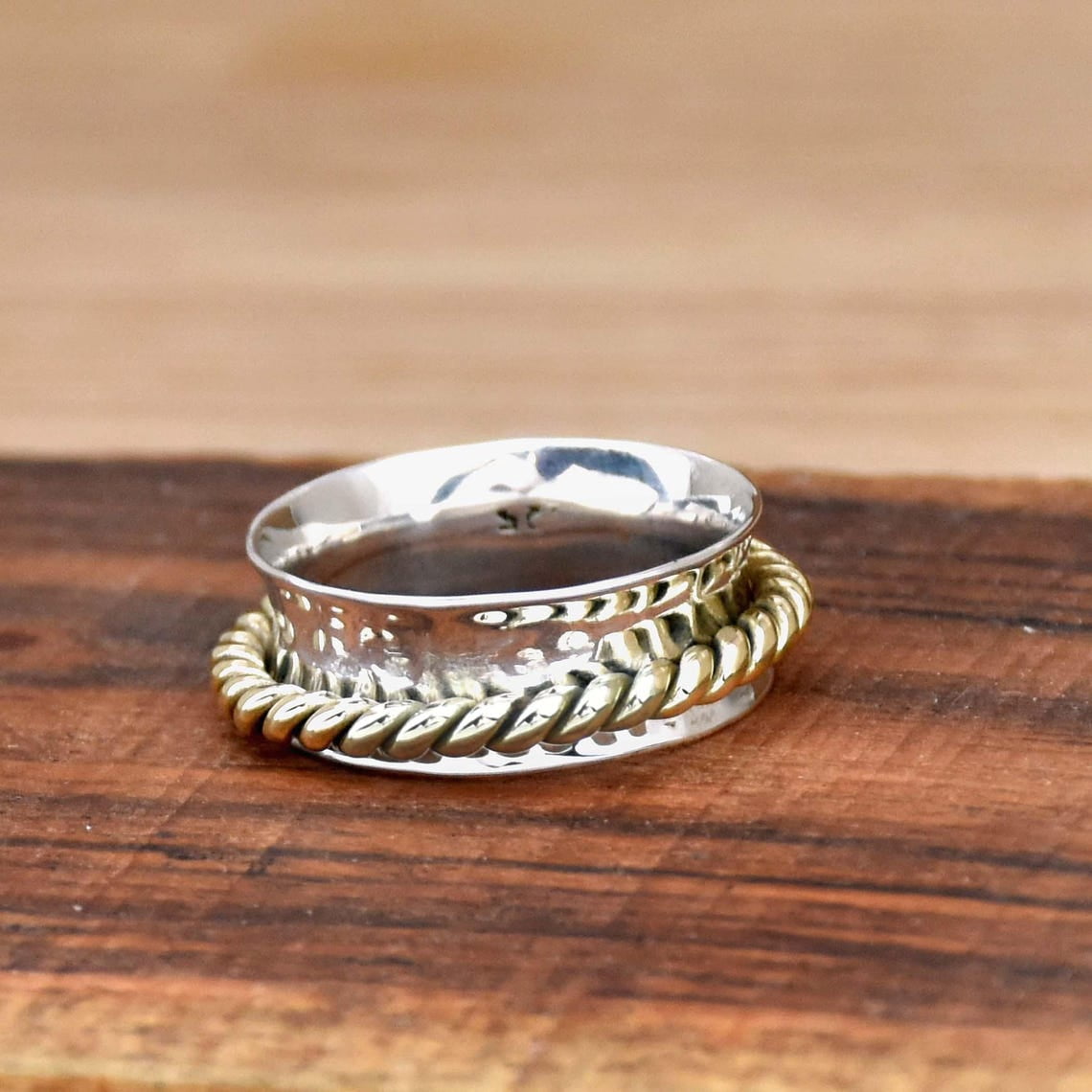 SS DESIGNS Spinner Ring 925 Sterling Silver Narrow Band Twisted Two Tone Rope Design Meditation Anxiety Relief Jewelry Fidget Spinner Band