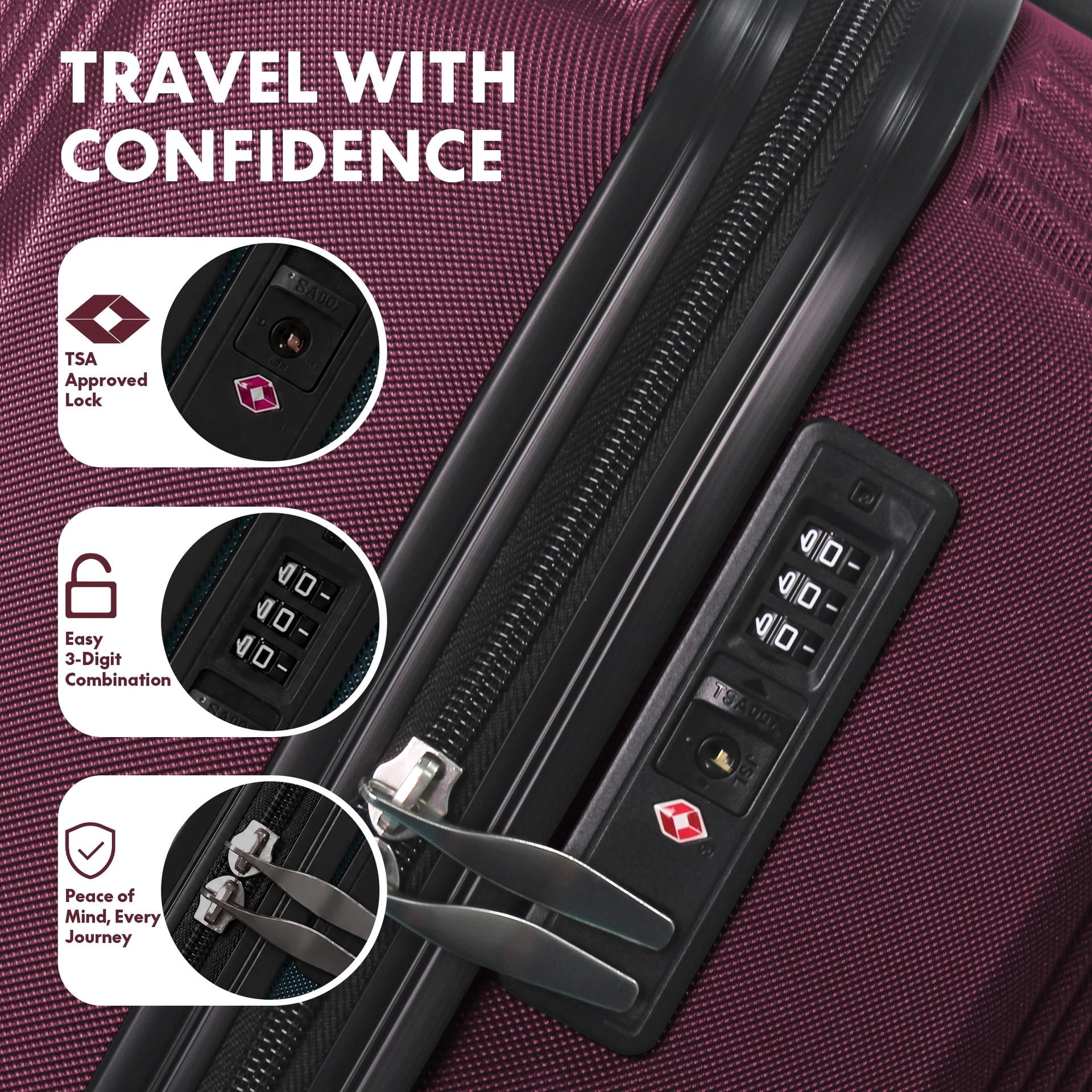 3-Piece ABS Hardshell Luggage Set, Lightweight Durable Suitcases with TSA-Approved Lock, 4 Silent Spinner Wheels & Scratch-Resistant Ribbed Shell, 20"/24"/28", Purple