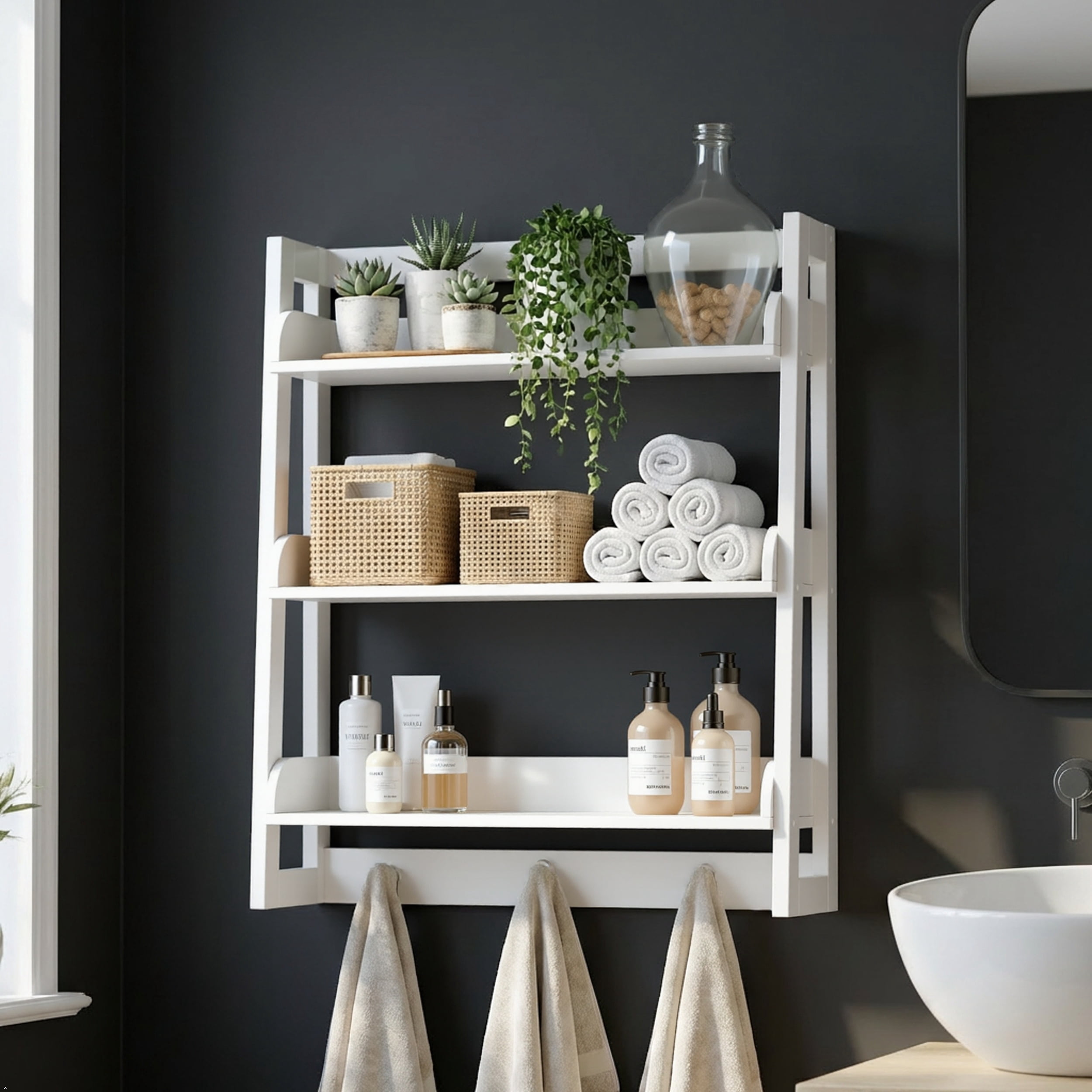 STAROUS  3 Tier Bathroom Shelf Wall Mounted with Towel Hooks, Bathroom Organizer Shelf Over The Toilet (White)