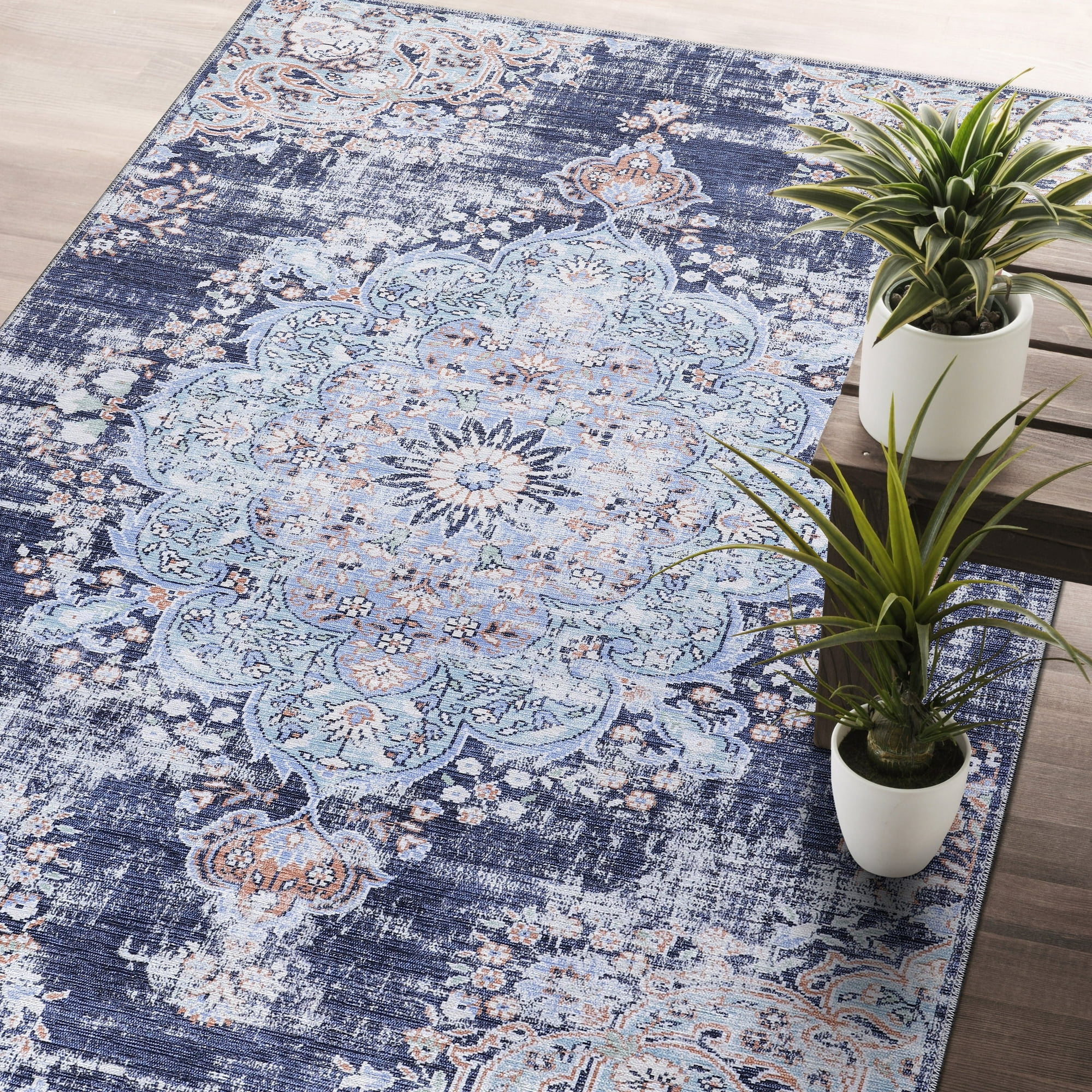 CAMILSON Machine Washable Rug, Distressed Vintage Area Rugs, Stain and Water Resistant, Traditional Bohemian Indoor Carpet (5x7, Navy Blue)