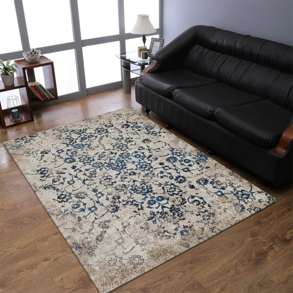 RUGSOTIC CARPETS MACHINE MADE HEATSET POLYPROPYLENE AREA RUGS - 6'x9', Rectangle Shape, Beige Blue Color, Floral Modern Design, High Pile Machine Made Area Rugs for Living Room, Bed Room (M00011)