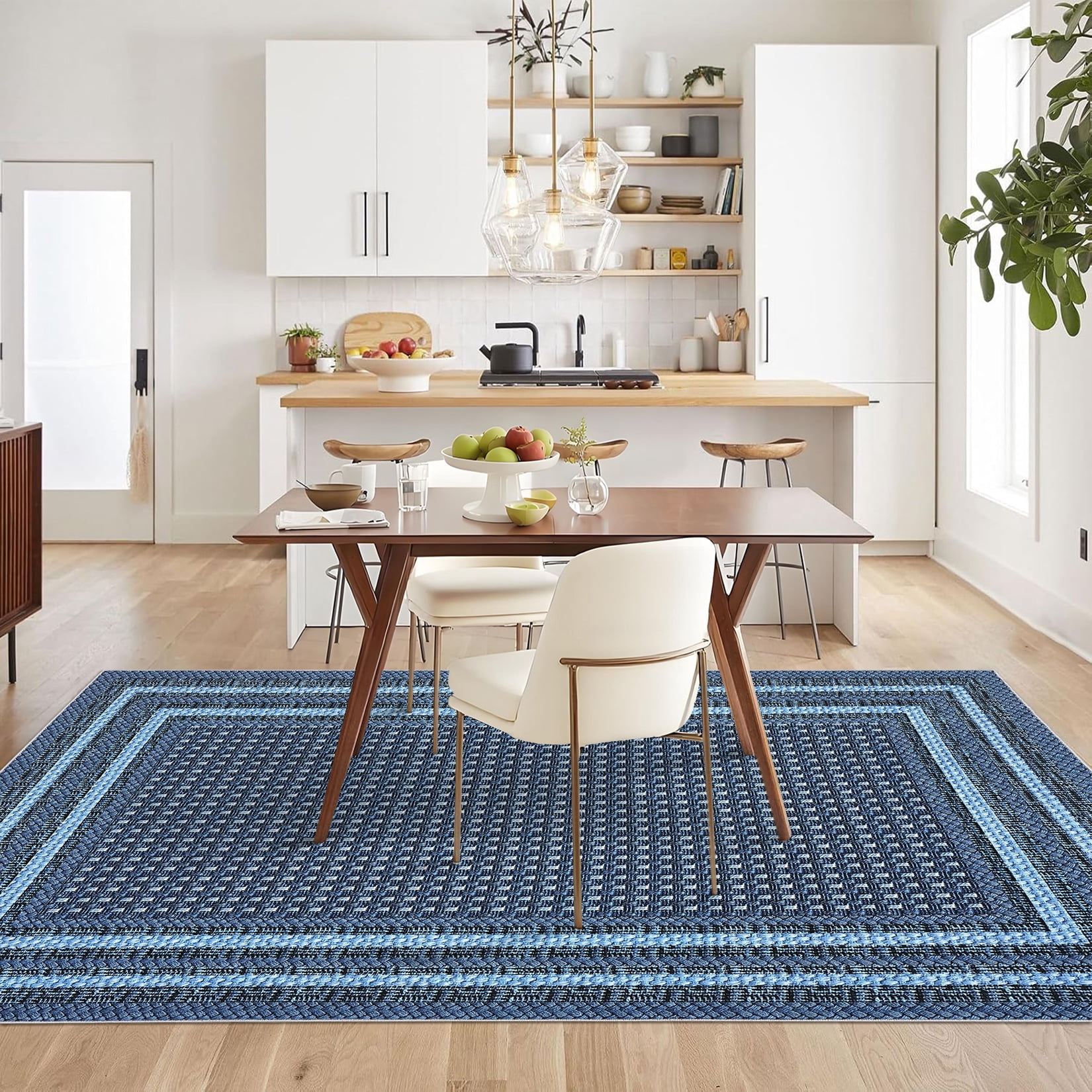 Garvee 5'x7' Bordered Print Area Rug Washable Rugs, Non Slip Modern Geometric Rug Stain Resistant Indoor Carpet for Living Room Bedroom Dining Room, Blue
