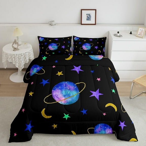 Star Bedding Queen Size Planet Comforter Sets Purple Gradient Bedding Comforter Set Outer Space Universe Themed Duvet Insert Galaxy Starry Sky Decor Quilt 3 Pcs with 2 Pillowcases