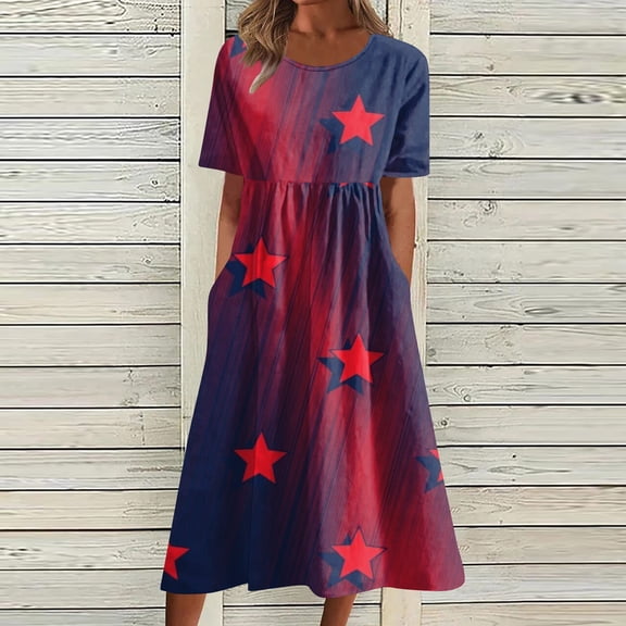Summer Dresses for Women Patriotic Star Print Tiered Dress Round Neck Short Sleeve Casual Sundress Red M
