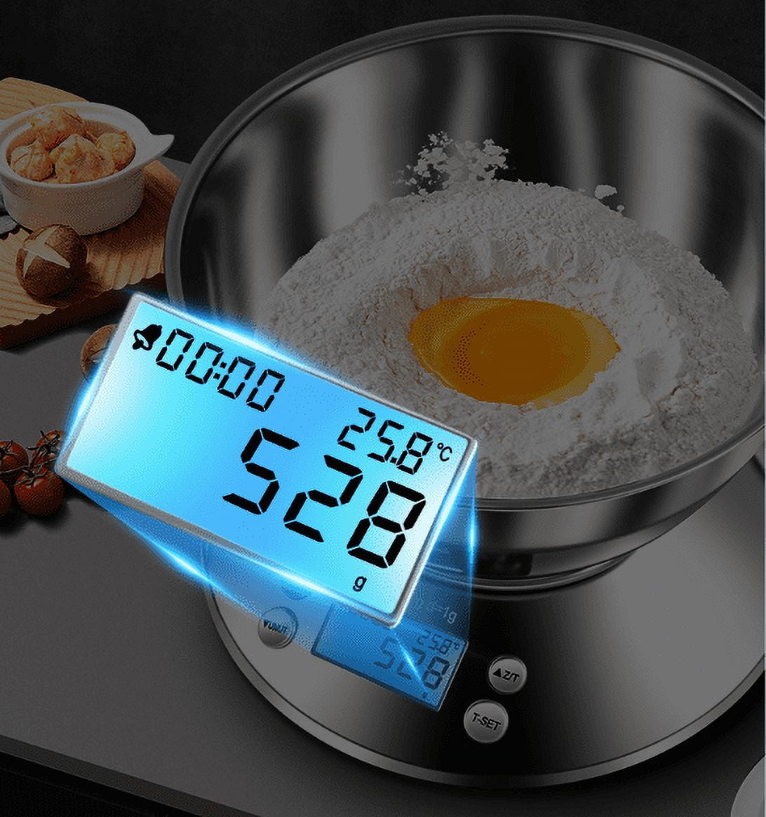Household Stainless Steel Kitchen Scale with Bowl and Timer Electronic Scale Full Metal Baking Scale Multi-function Food Scale 0.1g-3kg