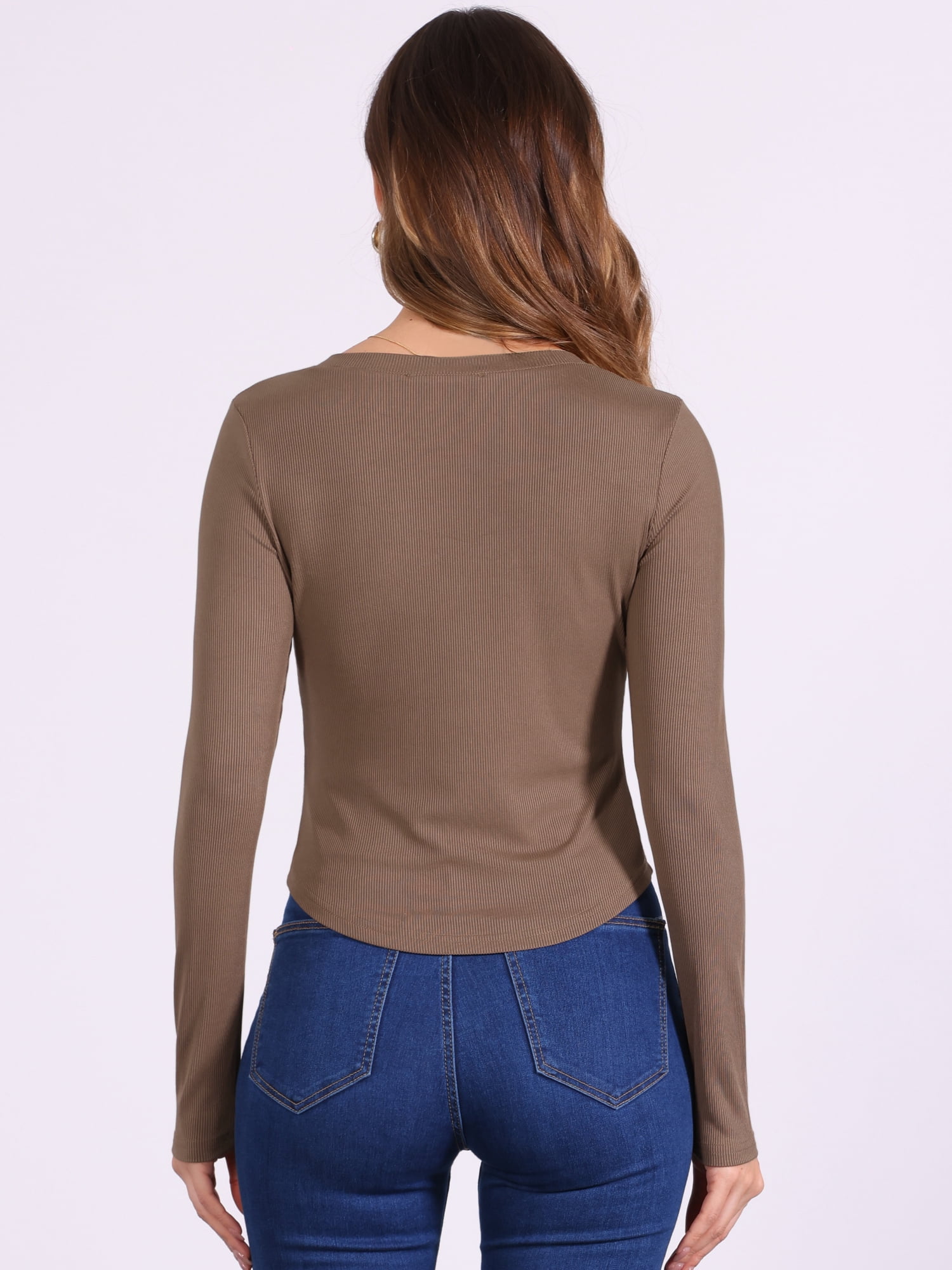 DARING DIVA Women's V Neck Long Sleeve Ribbed Knit Henley Blouses L Brown