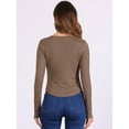 thumbnail image 4 of DARING DIVA Women's V Neck Long Sleeve Ribbed Knit Henley Blouses L Brown, 4 of 6