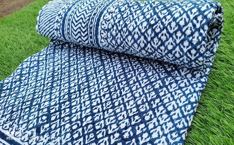 A And E Textiles House Premium Blue Floral Kantha Quilt, Hand Block Print Floral Indian Queen kantha Quilt, Bedspreads Queen Blue Quilt King, Housewarming Gift
