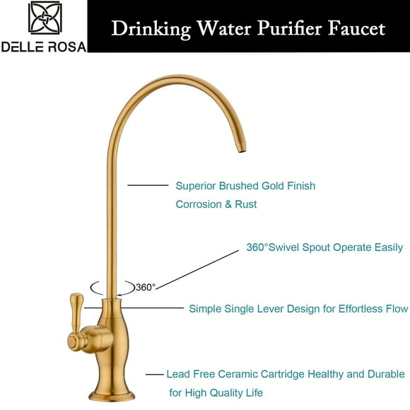 Robinet Purificateur d'Eau Potable Doré Brossé, Robinet d'Eau Doré Rosa pour Système de Filtration sous Évier, Robinet RO Moderne en Laiton, Robinet d'Évier en Barre Doré Brossé
