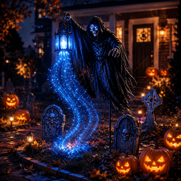 Halloween Soul Harvester Animated Garden Light, Grim Reaper Ghost Garden Stake with Blue Glow Lantern Effect for Yard Lawn Pathway Outdoor Decor