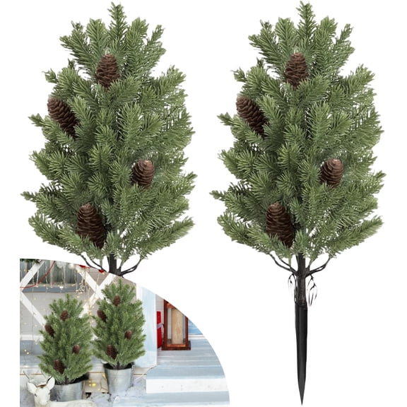 Artificial Pine Topiary Christmas Trees 2‑Pack, 23.6" Mixed Norfolk Pine UV Resistant,Realistic Evergreen Bushes for Front Porch, Garden, Backyard, and Indoor Decor