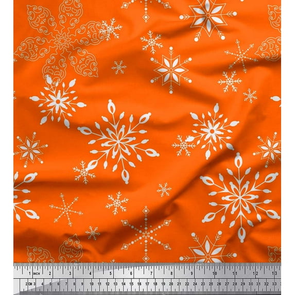 Soimoi Orange Rayon Fabric Snow Flakes Floral Printed Fabric 1 Yard 56 Inch Wide