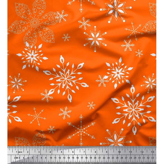 Soimoi Orange Viscose Chiffon Fabric Snow Flakes Floral Printed Fabric 1 Yard 42 Inch Wide