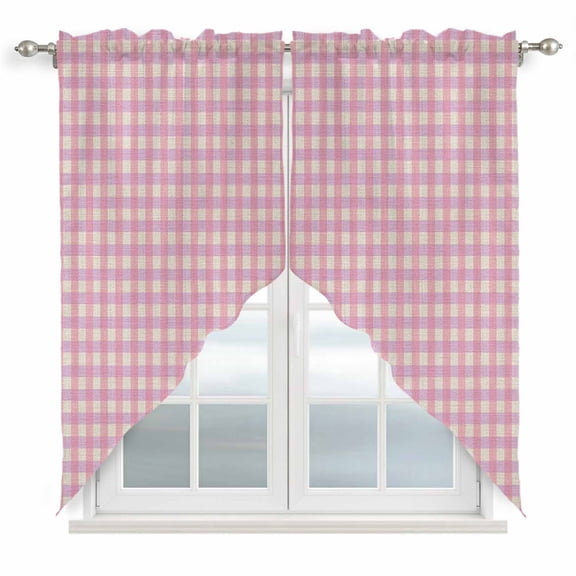 Swag Valance Curtains for Windows, Pink Light Filtering Kitchen Curtains with Rod Pocket, Grid Checkered Plaid Gingham Lattice Trellis Window Treatment Valances for Living Room, 36x36 - 2 PCS