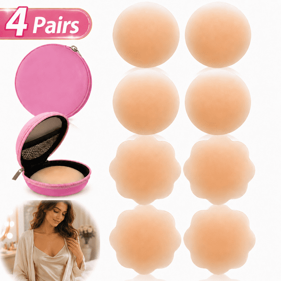 Silicone Nipple Covers Reusable, 4 Pairs Pasties Women Nipple Covers Reusable Adhesive Silicone Nippleless Covers with Case (2 Round 2 Flower)