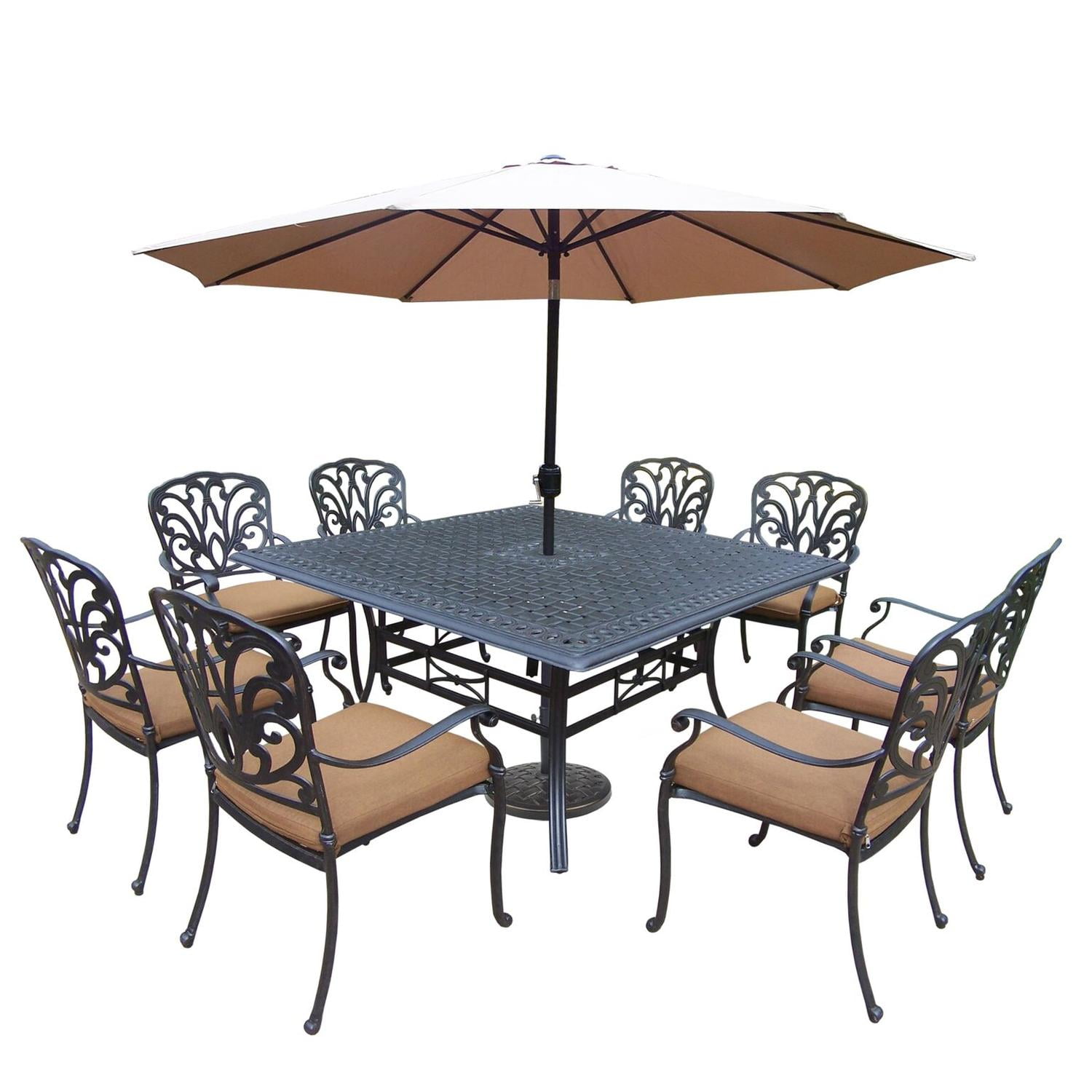 11Piece Black Rectanlge Outdoor Aluminum Patio Dining Set w/ Tan Cushions & Umbrella Walmart