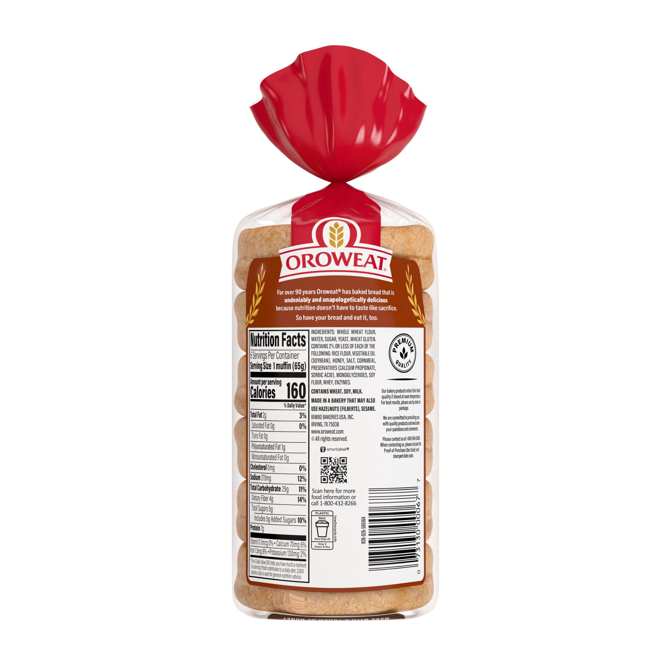 Oroweat Whole Grains Whole Wheat English Muffins, 6 count, Pre-sliced English Muffins, 13.75 oz Bag