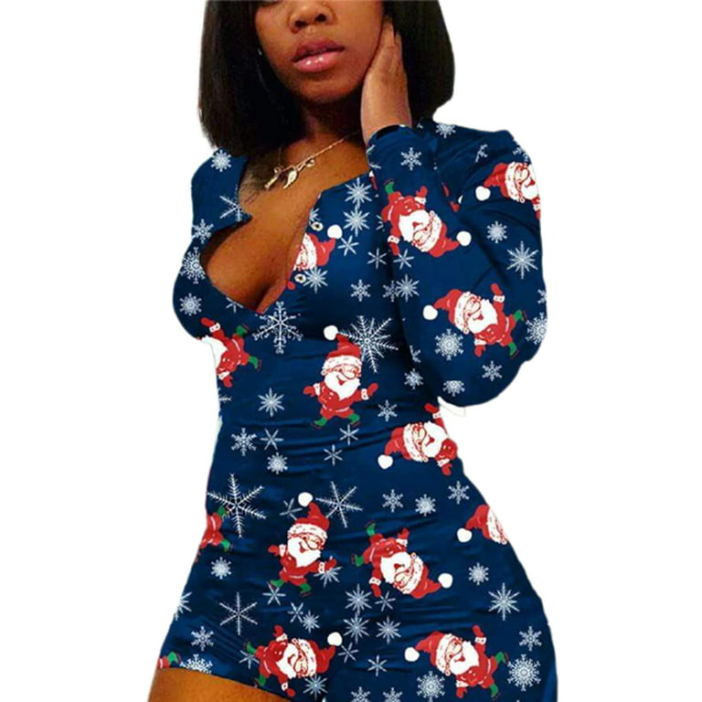 Canrulo Womens Casual Snap Home Jumpsuit Cartoon Christmas Printed Round  Neck Long Sleeve Playsuit 
