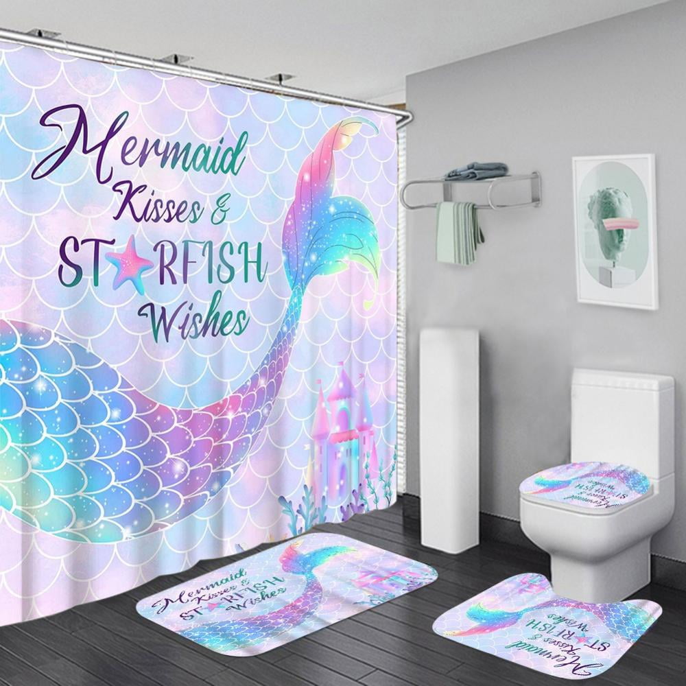 4 Pcs Mermaid Shower Curtain Set with NonSlip Rugs, Toilet Lid Cover