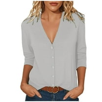 Enjoytime Womens Button Down Blouse Solid Color V-Neck 3/4 Sleeve Tops Business Dressy Casual Business Work Shirt