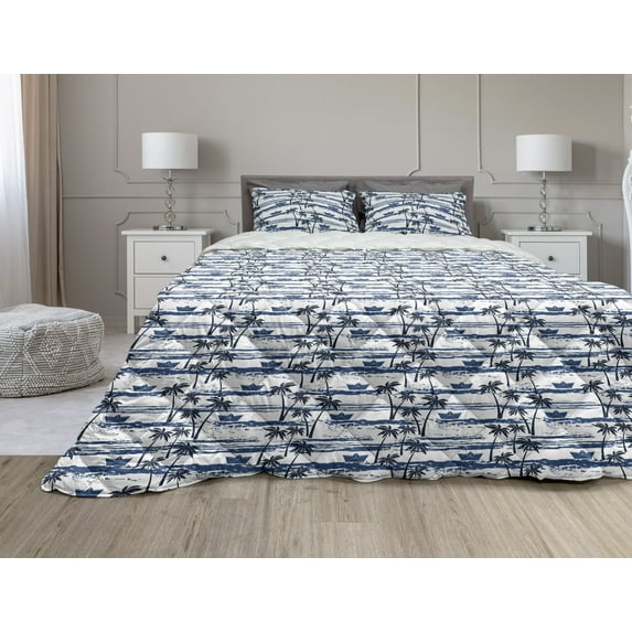 Palm Tree Comforter & Sham Bedding Set, Hawaiian Pattern with Paper Boats on Worn Sea Waves Coastal Art, 3 pcs Duvet Set Microfiber Filling Quilt, 5 Sizes, Blue Dark Blue White, by Ambesonne