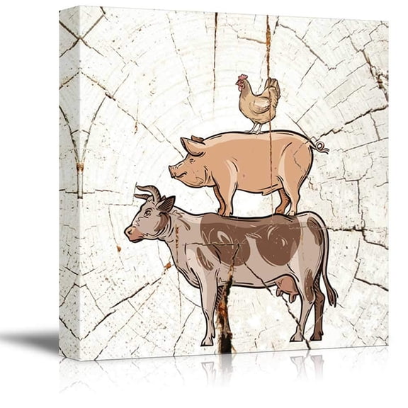 wall26 - Square Canvas Wall Art - Livestocks Stack with Cow Pig and Chickenon Vintage Wood Effect Background - Giclee Print Gallery Wrap Modern Home Art Ready to Hang - 12x12 inches