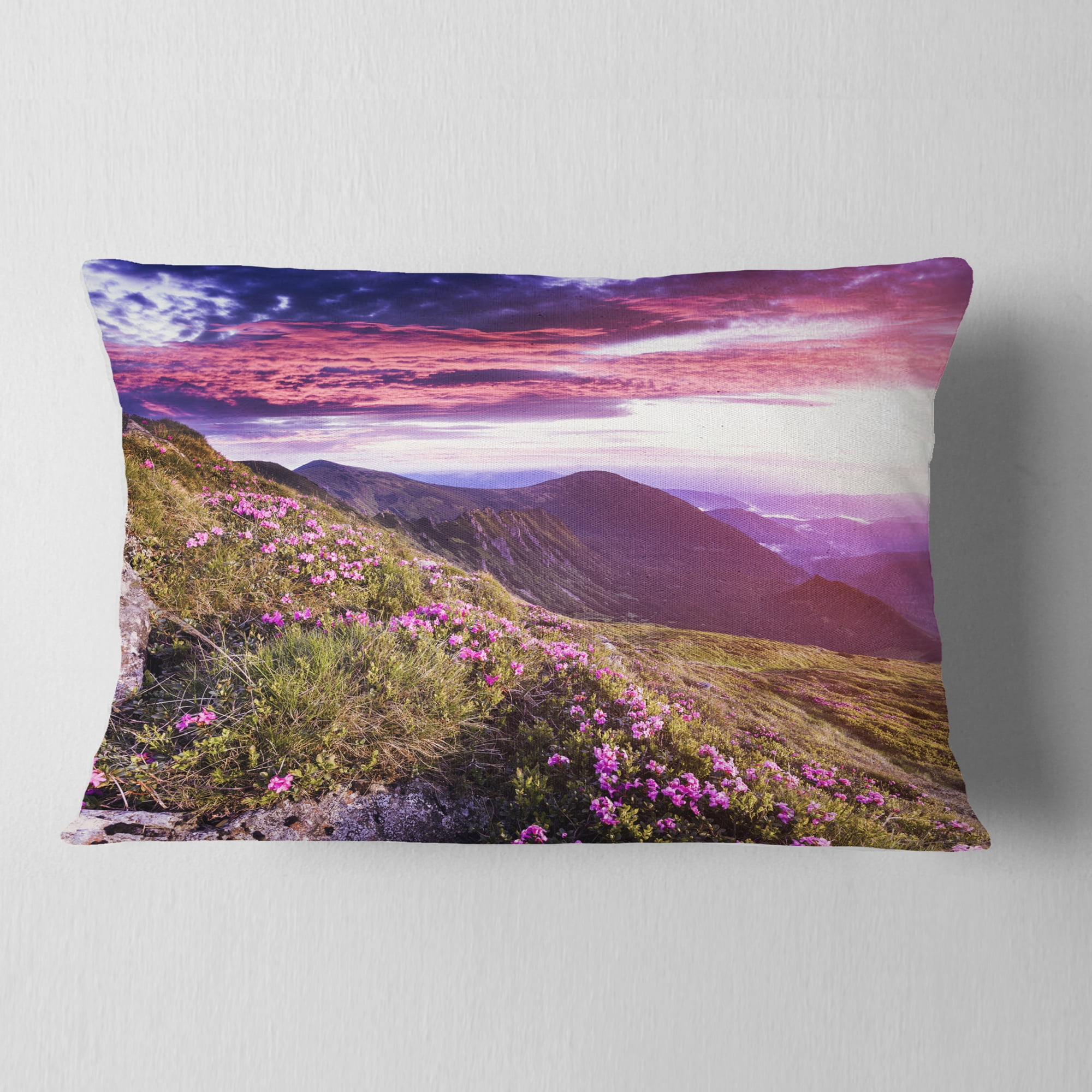 Designart Rhododendron Flowers in Hills - Landscape Photo Throw Pillow - 12x20