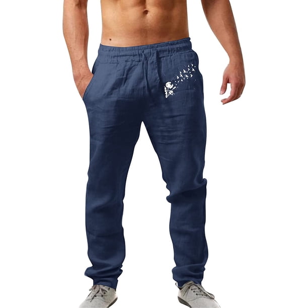 Pantalones casuales de lino para hombre, color liso, estampado de árbol, ligeros, sueltos, elásticos, con cordón, para verano, playa, yoga 078-azul marino 2XL 078-azul marino 2XL Xishao ropa