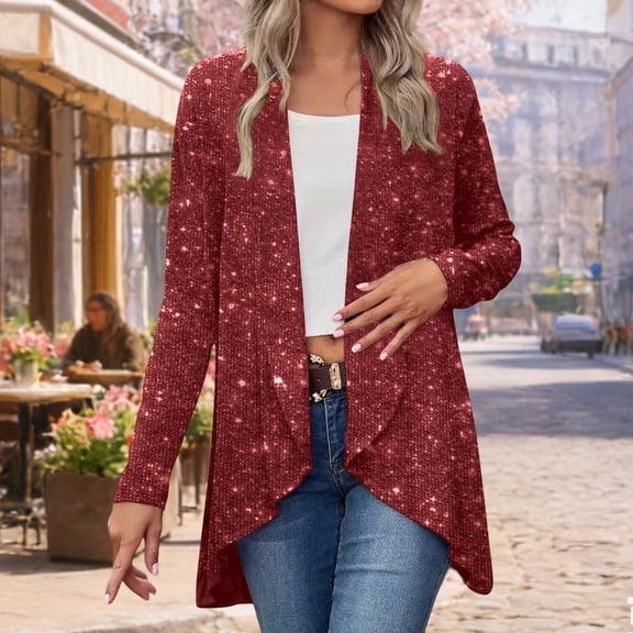 Mifsaly Women Sequin Cardigan Long Sleeve Open Front Party Cardigan Glitter Soild Color Outerwear Asymmetrical Hem Fashion Cocktail Work Outfits